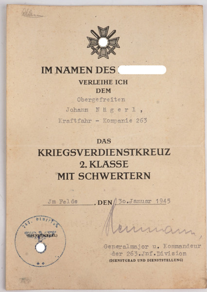Urkunde Kriegsverdienstkreuz 2.Klasse mit Schwertern Nägerl