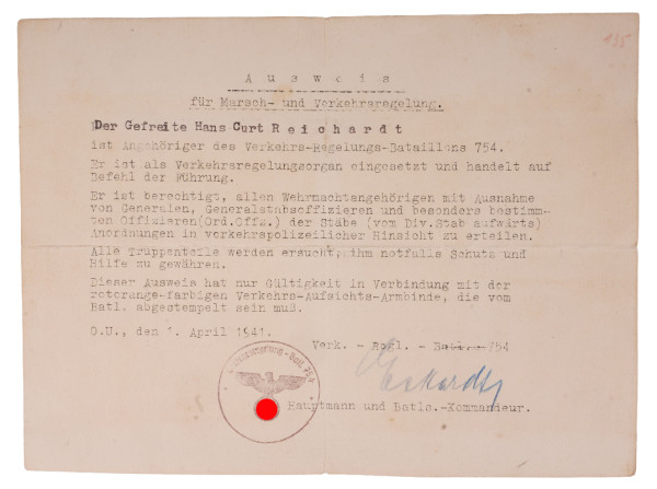 Ausweis für Marsch-u. Verkehrsregelung Reichardt Verk.-Regl.-Batl. 754