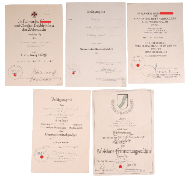 Urkundengruppe Sommer Gren. Rgt. 107 / 34. Inf. Div.