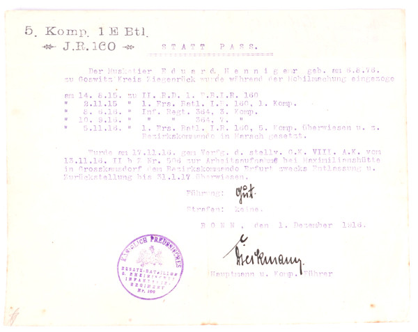 Passersatz-Bescheinigung Henniger Inf. Regt. 364, Ers. Batl. I. R. 160