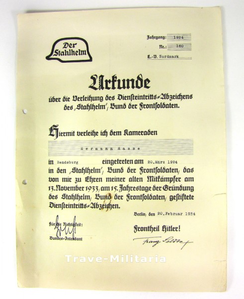 Diensteintrittsurkunde Stahlhelmbund Jahrgang 1924
