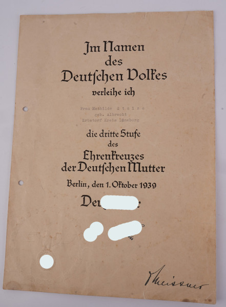 Urkunde Ehrenkreuz der Deutschen Mutter in Bronze Stolze Erbstorf