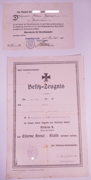 Urkundenpaar Böhmer Bayrische 1. Maschinengewehr-Abteilung