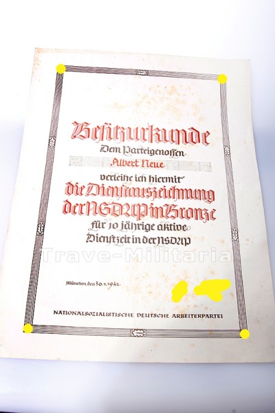 Besitzurkunde zur NSDAP Dienstauszeichnung in Bronze