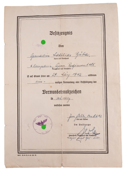 Besitzzeugnis Verwundetenabzeichen in Schwarz Rüba Gren. Rgt. 485