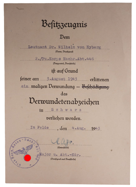 Besitzzeugnis Verwundetenabzeichen in Schwarz Dr. Wilhelm von Eyberg