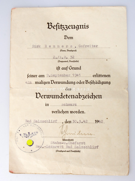 Besitzzeugnis Verwundetenabzeichen in Schwarz Remmers A.R.32