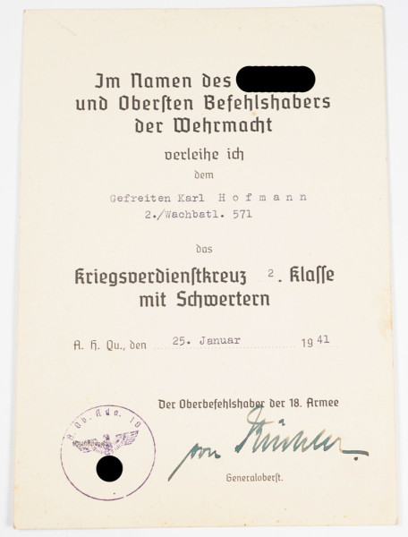 Urkunde Kriegsverdienstkreuz 2.Klasse mit Schwertern Hofmann