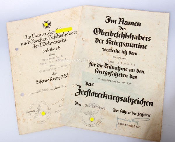 Urkundenpaar Birkle Torpedoboot "T23"