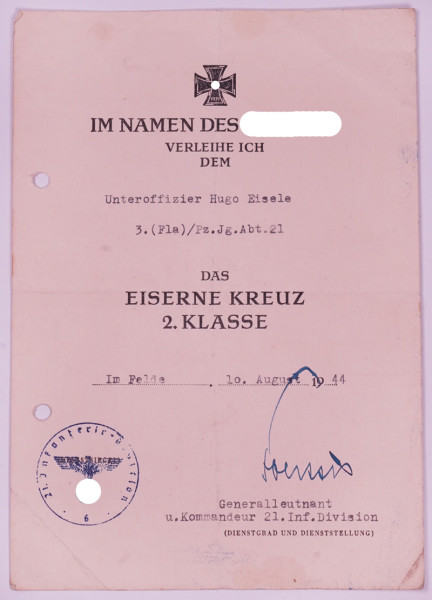Urkunde Eisernes Kreuz 2. Klasse Eisele 3.(Fla)/Pz. Jg. Abt. 21
