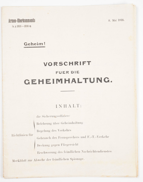 Vorschrift für die Geheimhaltung Armee-Oberkommando 8.Mai 1918