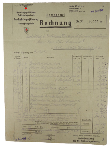 Nationalsozialistischer Reichskriegerbund Beschaffungsstelle Rechnung 1942