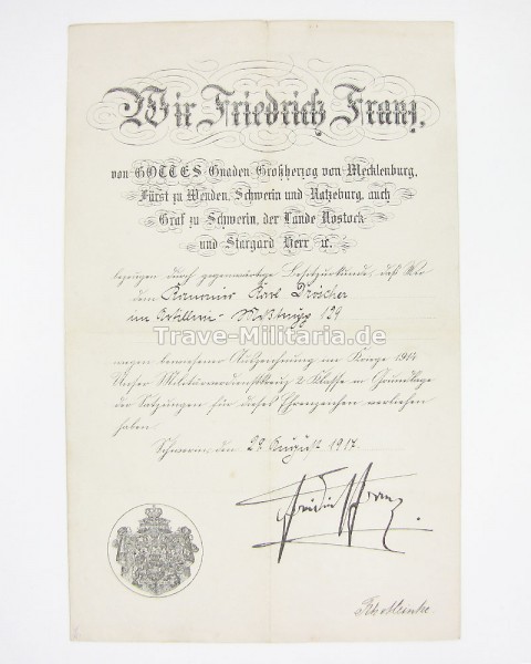 Urkunde Mecklenburg-Schwerin Militärverdienstkreuz 2. Klasse Artillerie-Meßtrupp 129