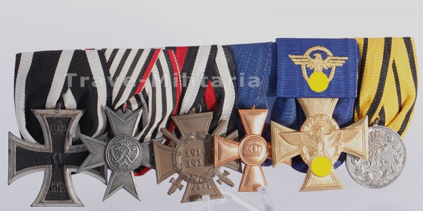 6er Ordensspange - Eisernes Kreuz 2. Klasse 1914, Kreuz für Kriegshilfsdienst, Ehrenkreuz für Frontk