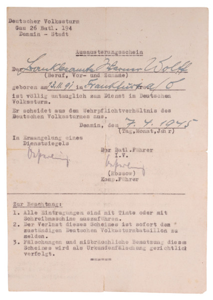 Ausmusterungsschein Wolff Deutscher Volkssturm Gau 26 Batl. 194
