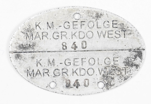 Erkennungsmarke K.M.-Gefolge Mar.Gr. Kdo West 840