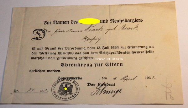 Urkunde Ehrenkreuz für Eltern Hoyerswerda