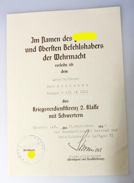 Urkunde Kriegsverdienstkreuz 2. Klasse mit Schwertern Arbeitsführer Hermann