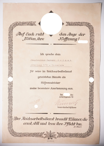 Anerkennungsurkunde RAD Abteilung 7/70 Travemünde Helmer