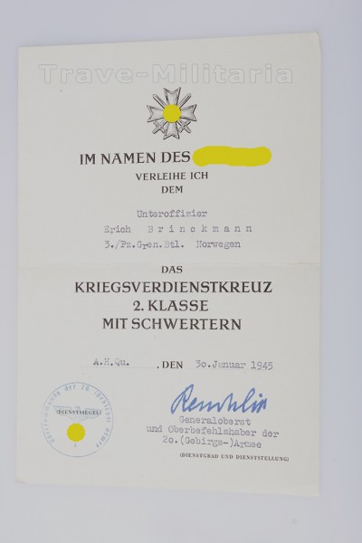 Seltene Urkunde Pz. Norwegen zum KVK 2. Klasse