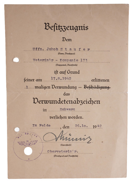 Besitzzeugnis Staufer Veterinär-Kompanie 173