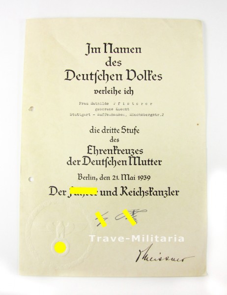 Urkunde Ehrenkreuz der Deutschen Mutter 3. Stufe