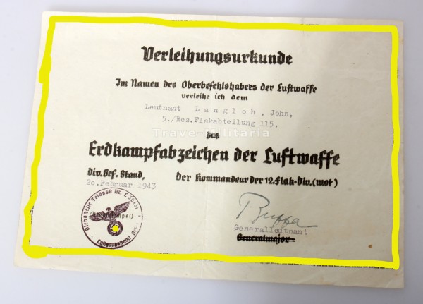 Urkunde Erdkampfabzeichen Luftwaffe Leutnant Langloh
