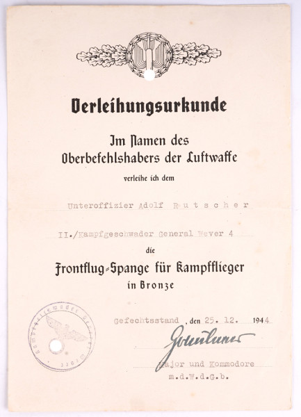 Urkunde Frontflug-Spange für Kampfflieger in Bronze Rutscher