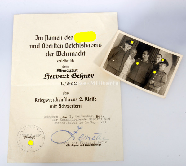 Urkunde Kriegsverdienstkreuz 2. Klasse mit Schwertern Geßner 1./802
