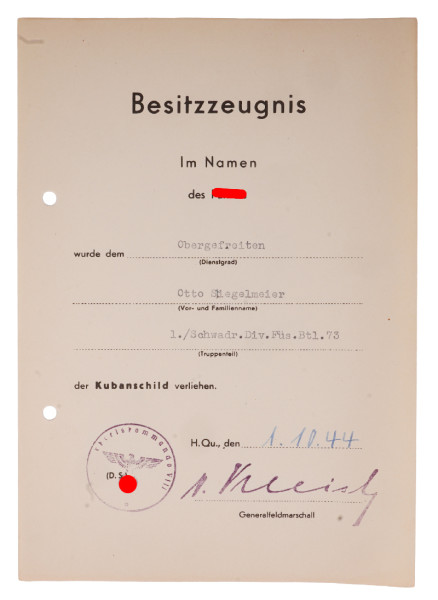 Besitzzeugnis Kubanschild Stiegelmeier 1./Schwadr. Div. Füs. Btl. 73
