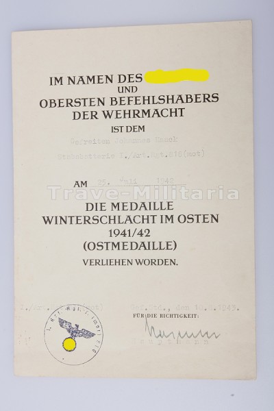Urkunde Medaille Winterschlacht im Osten 1941/42