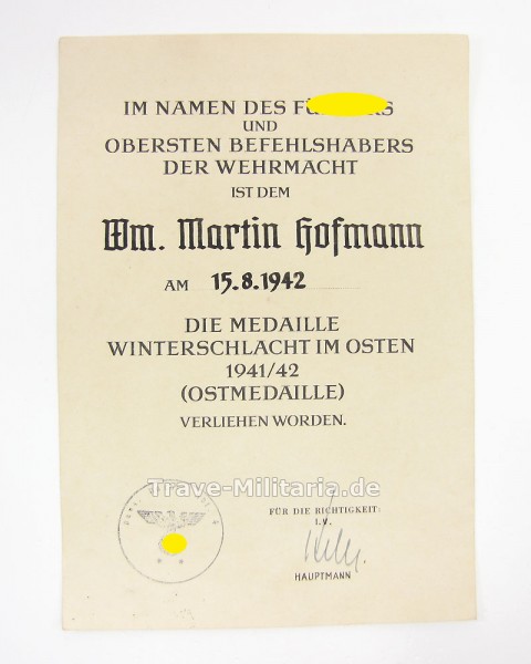 Urkunde Medaille Winterschlacht im Osten Panzer-Nachrichten Abt. 4