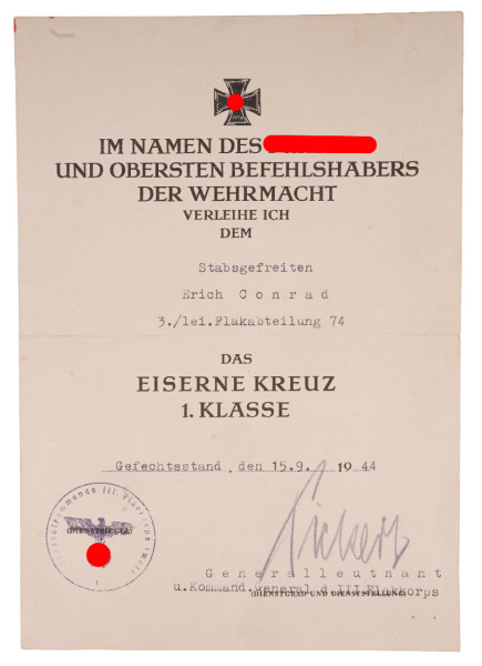 Urkunde Eisernes Kreuz 1. Klasse Conrad lei. Flakabteilung 74