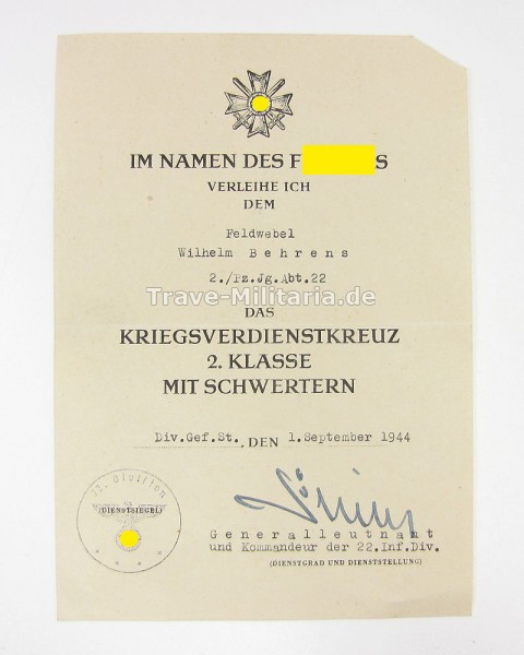 Urkunde Kriegsverdienstkreuz 2. Klasse mit Schwertern Panzerjäger