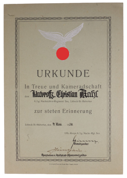 Urkunde 6./ Lg. Nachrichten-Regiment See, Lübeck St.-Hubertus Kahl
