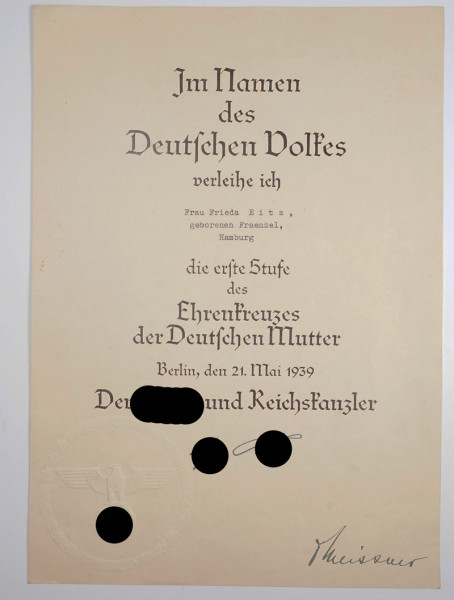 Urkunde Ehrenkreuz der Deutschen Mutter 1.Stufe Frieda Eitz