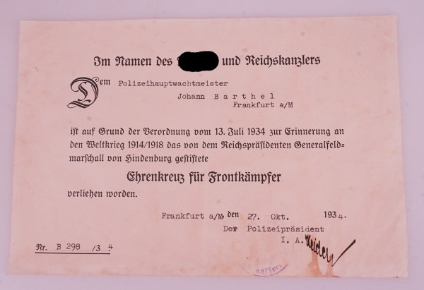 Urkunde Ehrenkreuz für Frontkämpfer Barthel Frankfurt a. M.