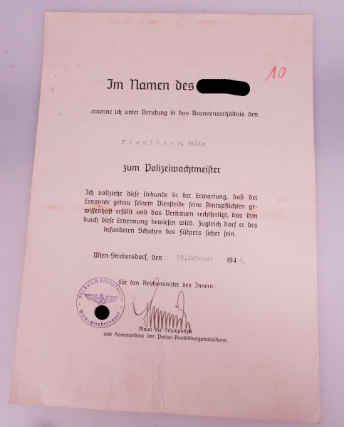 Ernennungsurkunde zum Polizeiwachtmeister Promitzer
