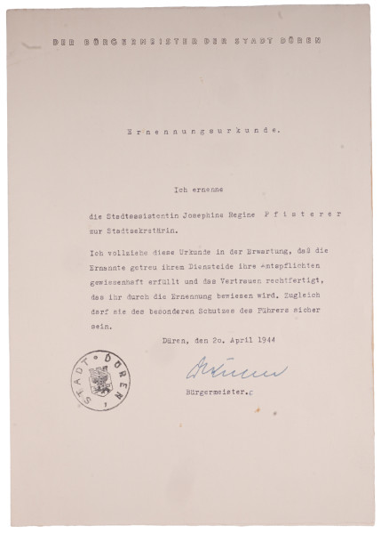Ernennungsurkunde Pfisterer Stadtsekretärin der Stadt Düren