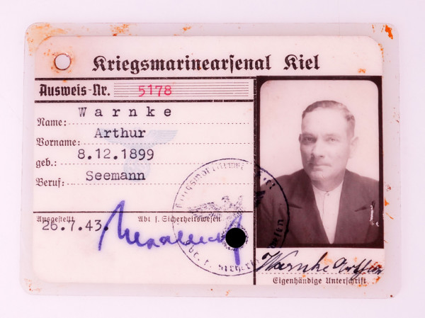 Kriegsmarinearsenal Kiel Ausweis Seemann Arthur Warnke