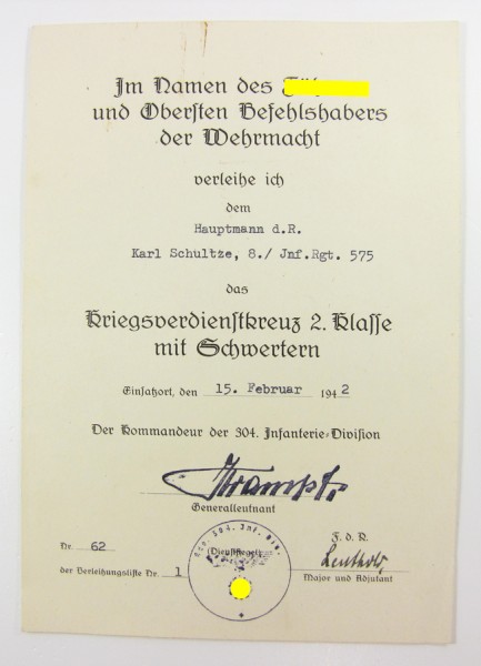 Urkunde Kriegsverdienstkreuz 2. Klasse mit Schwertern Vordruck 304. ID