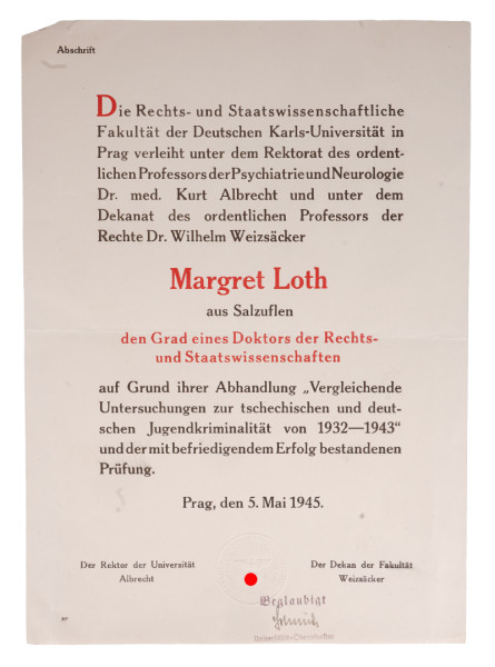 Abschrift Verleihung Doktor würden eines Doktors der Rechts- und Staatswissenschaften