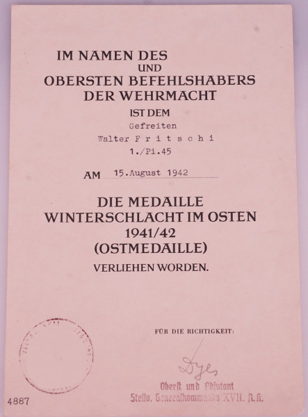 Urkunde Winterschlacht im Osten 1941/42, Fritischi Pi.45
