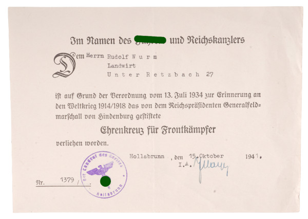 Urkunde Ehrenkreuz für Frontkämpfer Landwirt Wurm