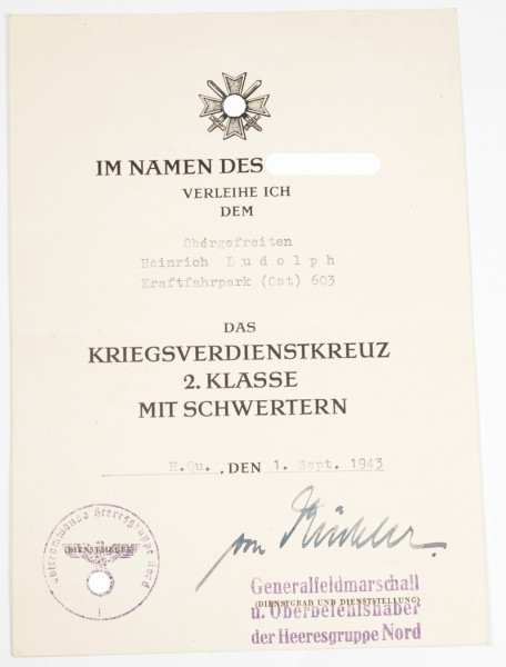 Urkunde Kriegsverdienstkreuz 2.Klasse mit Schwertern Ludolph Kraftfahrpark (Ost) 203