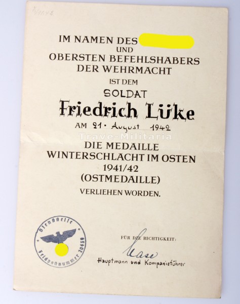 Urkunde Medaille Winterschlacht im Osten