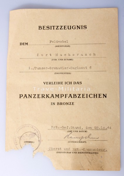 Urkunde Panzerkampfabzeichen in Bronze Macherauch Panzer-Grenadier-Regiment 6