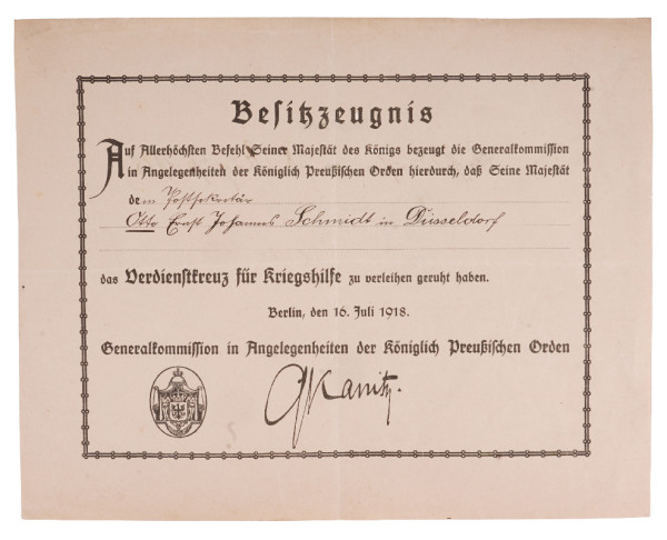Besitzzeugnis Verdienstkreuz für Kriegshilfe Postsekretär Schmidt