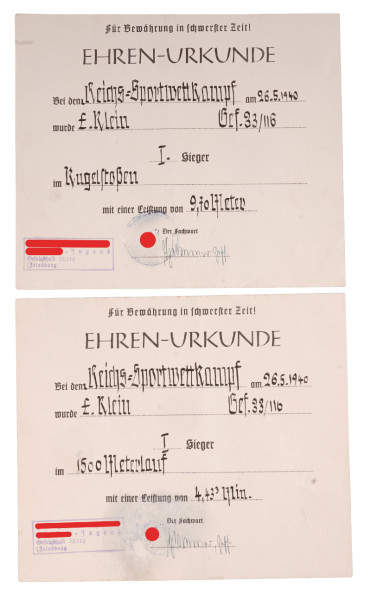 2x Ehren-Urkunde Reichs-Sportwettkampf 1940 NSDAP HJ 33/116