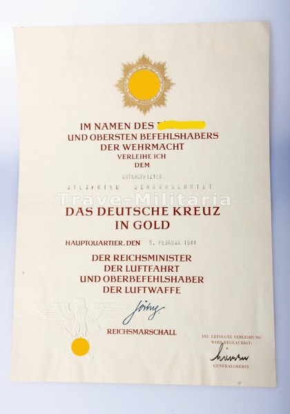 Große Verleihungsurkunde zum Deutschen Kreuz in Gold - Luftwaffe